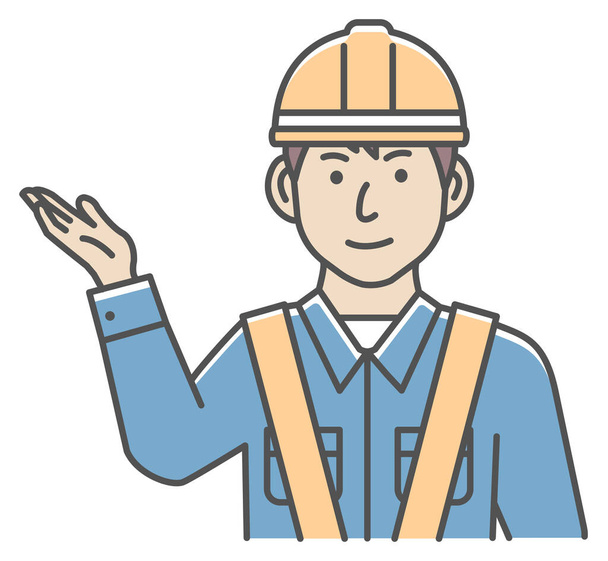Hombre cuello azul trabajador gesto ilustración jalá navegar, recomendar - Vector, imagen