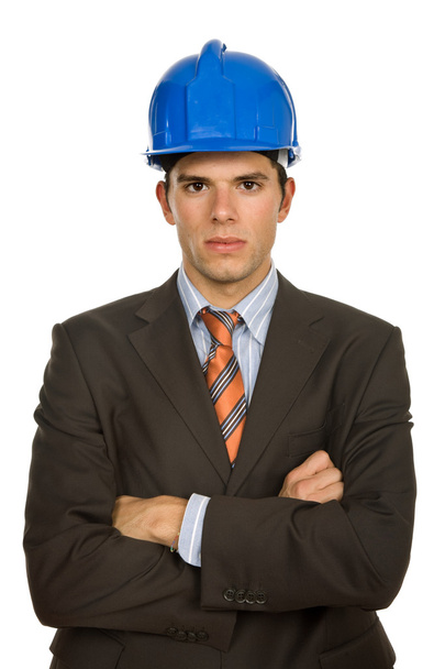 An engineer with blue hardhat, isolated on white - 写真・画像