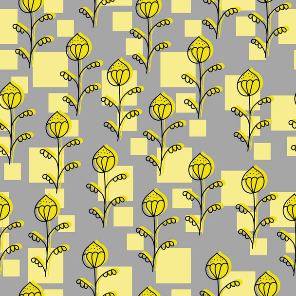 Seamless pattern of contour doodle flowers with yellow silhouette and squares on a gray background vector illustration - Вектор, зображення