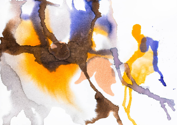 abstract hand-painted blue and brown watercolour trickles on white paper - Fotoğraf, Görsel