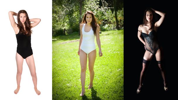Three full length portraits of a gorgeous young woman wearing swimsuits and lingerie, outdoor and studio photos - Photo, Image