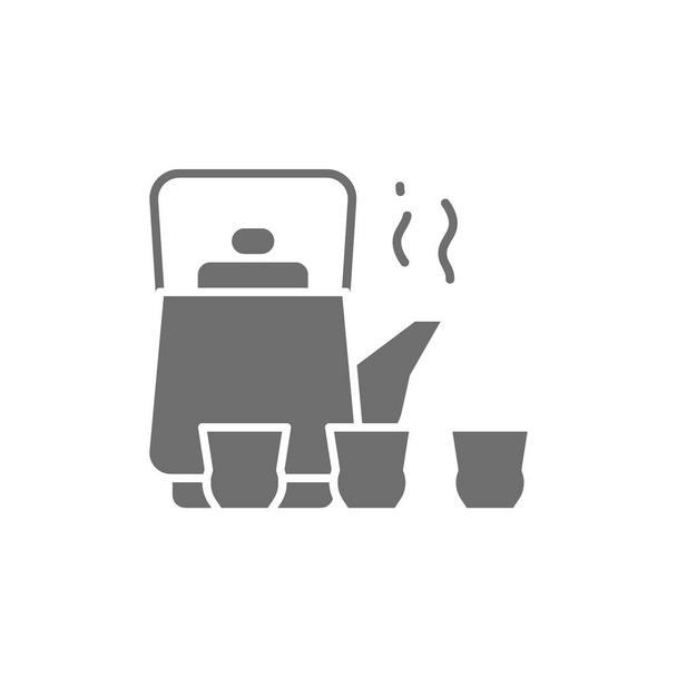 Chinese tea ceremony, kettle and cups grey icon. - Vector, Image