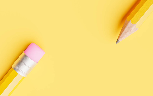 close-up of the tip of a pencil and eraser pointing to the center on a yellow background. 3d render - Fotoğraf, Görsel