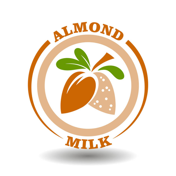 Simple circle logo Almond milk with round half cut nut shells icon and green leaves symbol for labeling product contain natural organic sweet almond oil in package pictogram sign - Διάνυσμα, εικόνα