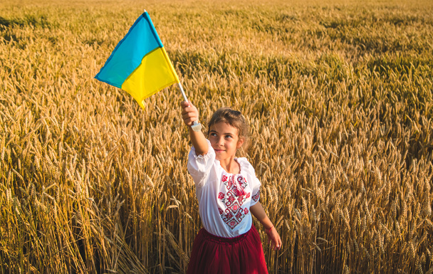 Gyerek a búzamezőn. A vyshyvanka, a koncepció a Függetlenség Napja Ukrajna. Szelektív fókusz. Kölyök!. - Fotó, kép