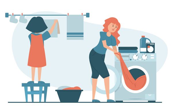 Äiti ja tytär tekevät kotitalouden päivittäistä rutiinia yhdessä vektorin eristettynä. Äiti ottaa puhtaat vaatteet pois pesukoneesta ja lapsi ripustaa ne köyteen kuivua. - Vektori, kuva