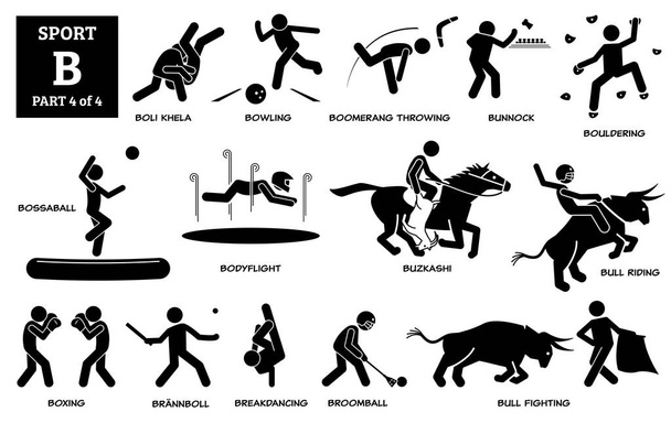 Sport játékok ábécé B vektor ikonok piktogram. Boli Khela, bowling, bumeráng, bunnock, sziklázás, főnökösködés, testrepülés, buzkashi, bikaviadal, boksz, brannboll, breakdance, és broomball. - Vektor, kép