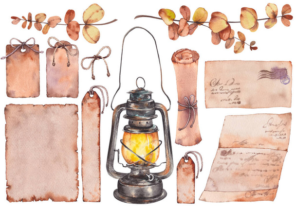 Set of old papers, scrolls, envelopes and vintage lamp. - Photo, image