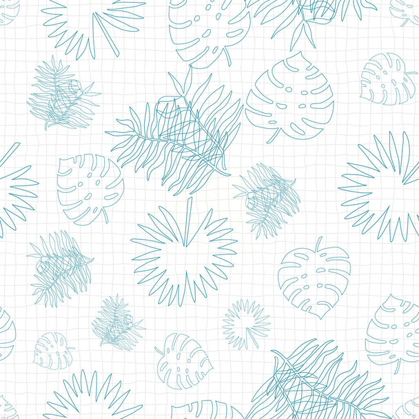Tropische Palmenblätter mit nahtlosem Muster auf Gitterhintergrund. Blauer botanischer Hintergrund, einfache Linien-Art-Vektorstruktur.  - Vektor, Bild