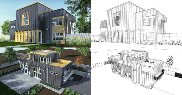 3D ilustrace. Moderní dům se zahradou a garáží. 3D vykreslování. - Fotografie, Obrázek
