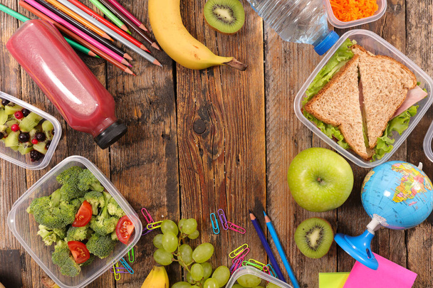 healthy lunch box on wooden background - Photo, Image