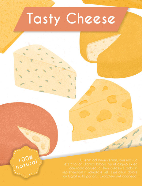 Svájci vagy francia sajtvektor lapos poszter koncepció. Gouda, parmezán, Brie, Roquefort vagy maasdami sajt. - Vektor, kép