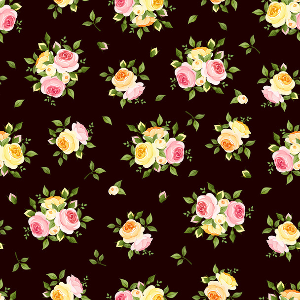 Бесшовный рисунок с розовыми, оранжевыми и желтыми розами на коричневом. Векторная иллюстрация
. - Вектор,изображение