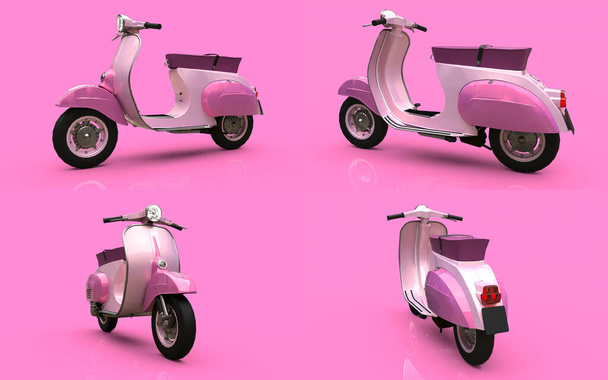 Illustrazione 3d. Scooter rosa europeo vintage su sfondo rosa. rendering 3d - Foto, immagini