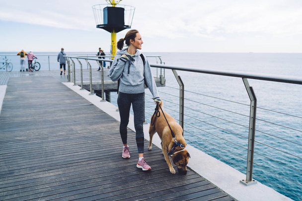 Caucasian female tourist enjoying morning walk with purebred dog at coastline pier, carefree traveller in tracksuit exploring environment during promenade time with cute morgel doggie on leash - Foto, imagen