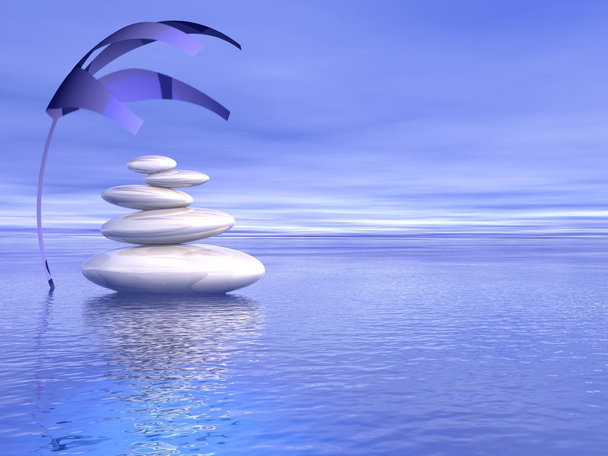 Pedras brancas equilibradas sobre o oceano e sob uma planta de cobertura em um fundo azul
 - Foto, Imagem