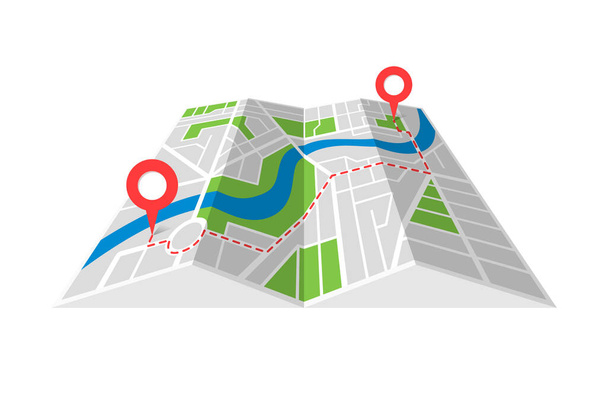 Cartografia stradale della città Pianta cartacea piegata con perni di posizione GPS e percorso di navigazione tra i marcatori di punto. Trovare modo percorso direzione concetto prospettiva vista isometrica illustrazione - Vettoriali, immagini