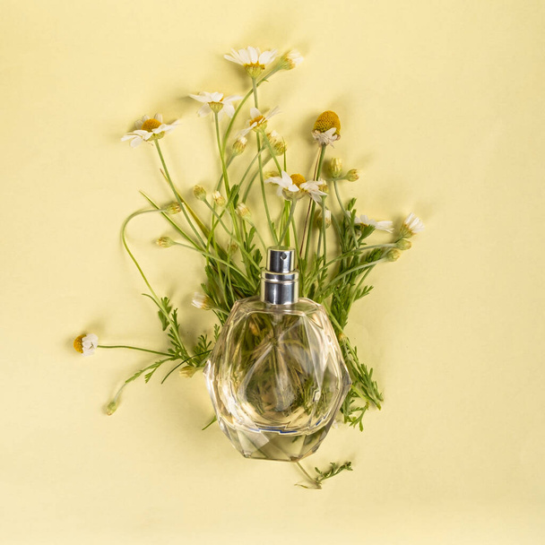 perfume bottle with chamomile scent on yellow background flat lay. - Photo, image