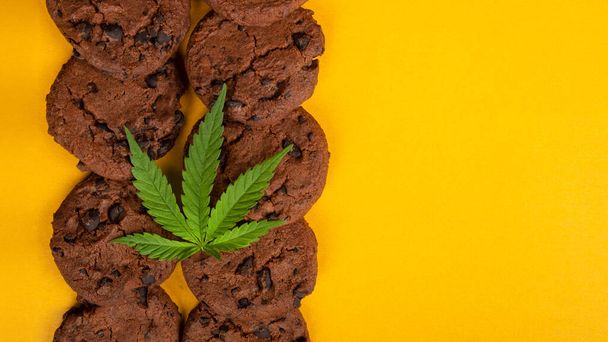 Cannabis Butter Schokolade Chip Cookies, cbd Butter süßes Gebäck auf gelbem Hintergrund, Kopierraum. - Foto, Bild