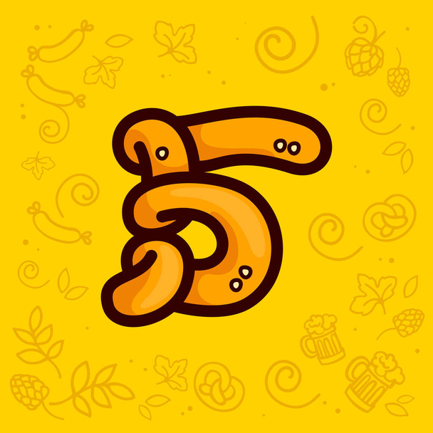 Number five logo made of pretzel. Hand-drawn with Oktoberfest pattern on background. Perfect to use in any German restaurant advertising, party posters, appetizer identity, etc. - Vector, Image