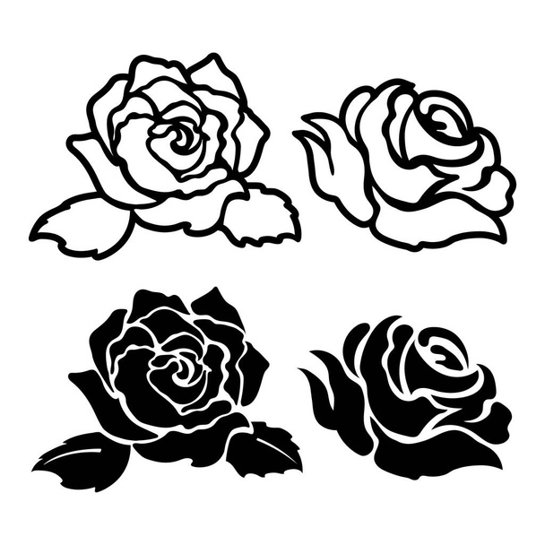 Black rose silhouette. Isolated floral stencil. Outline vinyl decal. Flower tattoo drawing. Contour icon - Vector, imagen