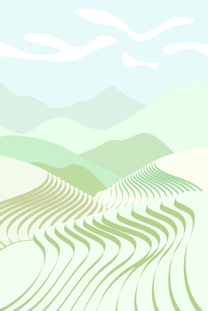 Affiche de champ de riz. Terrasses agricoles chinoises dans un paysage montagneux. Foggy paysages agricoles ruraux avec du paddy vert. Plantation cultivée en terrasses. Agriculture asiatique arrière-plan vectoriel - Vecteur, image