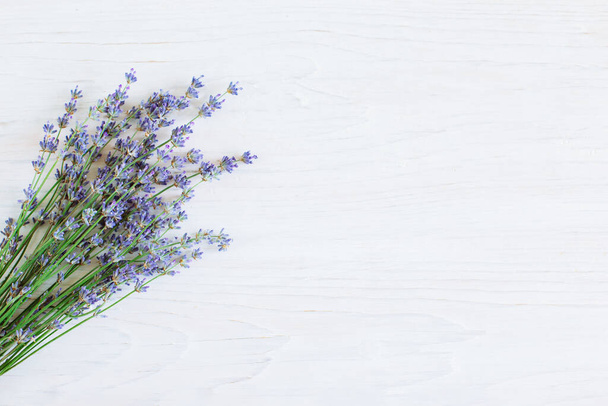 Hermosas flores de lavanda sobre un fondo de madera blanca. Acostado. Lugar para el texto.  - Foto, Imagen