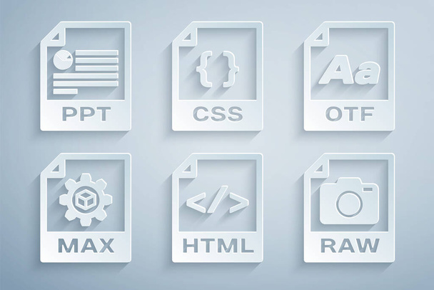 Aseta HTML-tiedosto asiakirja, OTF, MAX, RAW, CSS ja PPT kuvake. Vektori - Vektori, kuva