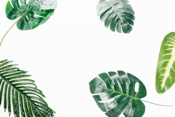 Flat lay tropical leaves on white background with blank space for text. Top view travel or vacation concept. - Fotografie, Obrázek