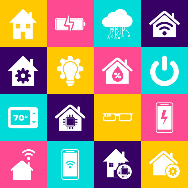 Setzen Sie Smart-Home-Einstellungen, Handy-Ladebatterie, Power-Taste, Internet der Dinge, Glühbirne und Ausrüstung, Haus und Feuchtigkeit Symbol. Vektor - Vektor, Bild