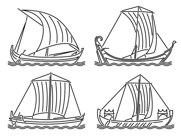 Set of simple vector images of single-masted ships of the early Middle Ages drawn in art line style. - Vector, Image