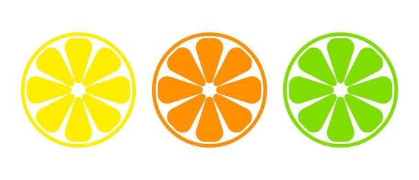 Juego de rebanadas de cítricos. Rebanada de limón, naranja, lima. Ilustración vectorial aislada sobre fondo blanco. - Vector, Imagen