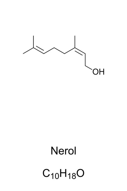 Nerol, chemický vzorec a struktura kostry. Organická sloučenina, monoterpenoidní alkohol, nalezený v éterických olejích, jako je citronová tráva a chmel, původně izolovaný z neroli oleje, používaný ve voňavkářství. - Vektor, obrázek