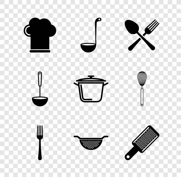 Şef şapkası, mutfak kepçesi, çapraz çatal ve kaşık çatal, süzgeç, rende ve tencere ikonu. Vektör - Vektör, Görsel
