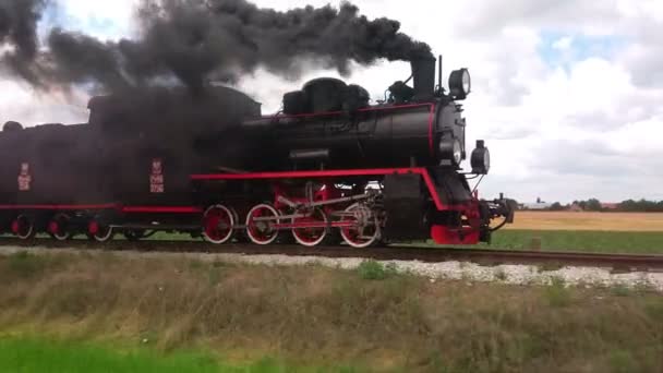 Locomotora de vapor de carbón vintage con humo en el camino. Transporte retro y viajes. Tren histórico en ferrocarril. - Metraje, vídeo