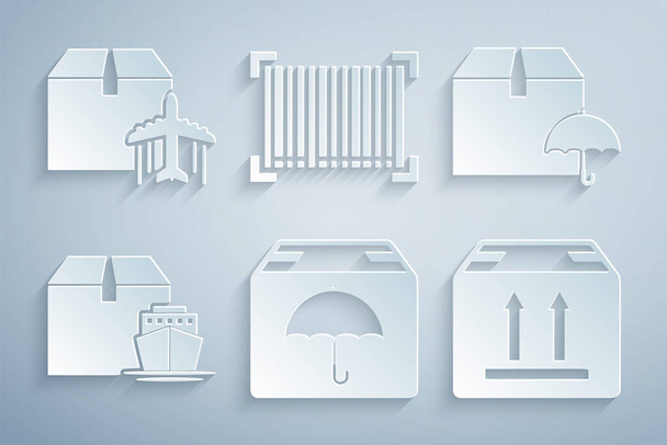 Set Leveringspakket met paraplu, vrachtschip dozen, Kartonnen verkeer, Barcode en Vliegtuig en karton icoon. Vector - Vector, afbeelding