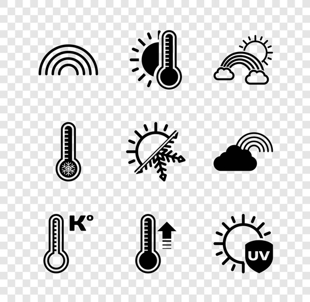 Gökkuşağı, termometreyi güneş, bulutlar ve Meteoroloji termometresi, ultraviyole koruma ve Güneş kar tanesi ikonu ile ayarla. Vektör - Vektör, Görsel