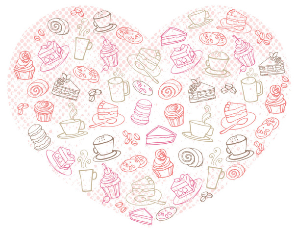 Tea and cakes in heart - Vector, Image