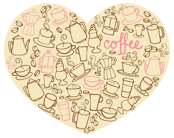 Coffee icons on heart shape - Vettoriali, immagini