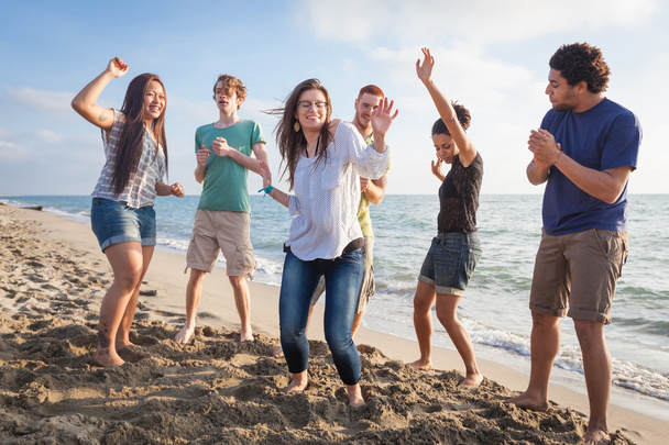 Groupe multiracial d'amis faisant une fête à la plage
 - Photo, image