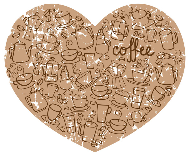 Coffee icons on heart shape - Vector, imagen