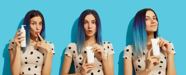 Collage con giovane donna adulta con capelli blu su sfondo luminoso - Foto, immagini