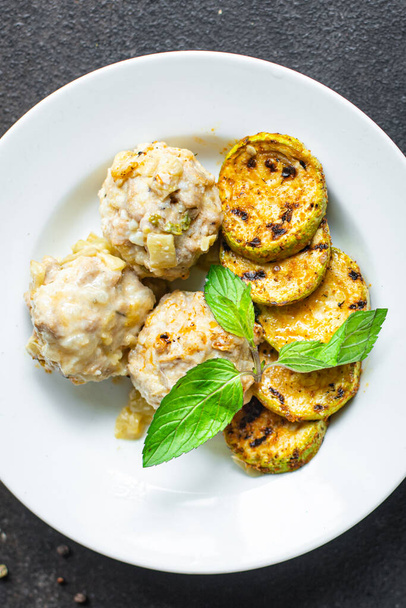 vegetable meatballs no meat grilled zucchini rice Cooking plate on the table, healthy meal snack copy space food background rustic veggie vegan or vegetarian - Photo, Image