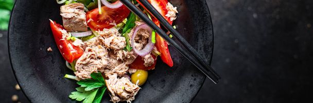 salad tuna seafood vegetable tomato, onion, herbs, olives canned tuna fish plate on the table, healthy meal copy space food background top view   - Photo, Image