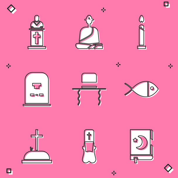 Set Church pastor preaching, Buddhist monk, Burning candle, Tombstone with RIP written, Orthodox jewish hat sidelocks, Christian fish, cross and Priest icon. Vector - Vector, Image
