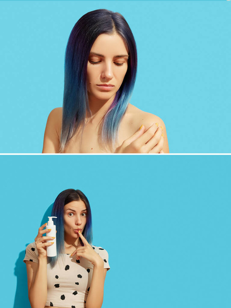 Colagem com jovem mulher adulta com cabelo azul no fundo brilhante. - Foto, Imagem