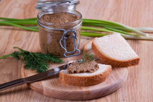 Sandwiches with pate, with glass jar on a background - Photo, Image