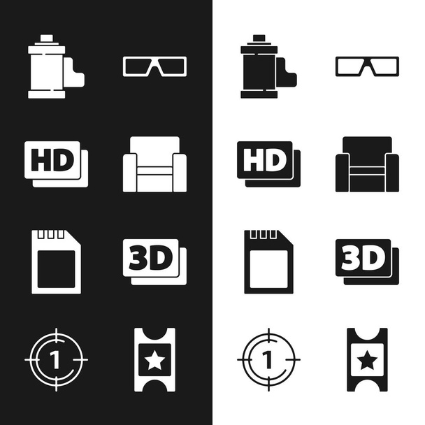 Set Kinosessel, HDD-Film, Band, Rahmen, Kamera-Filmrollen-Patrone, 3D-Kinobrille, SD-Karte, Wort, Ticket und Old Countdown-Symbol. Vektor - Vektor, Bild