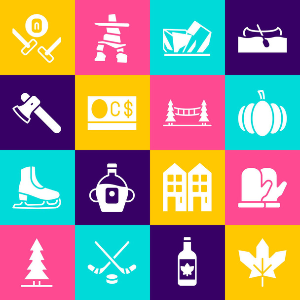 Set Canadian maple leaf, Christmas mitten, Pumpkin, Royal Ontario museum, dollar, Wooden axe, Curling sport game and Capilano Suspension Bridge icon. Vector - Vector, Image