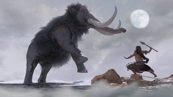muinainen primitiivinen luolamies metsästää mammutti 3d - Valokuva, kuva